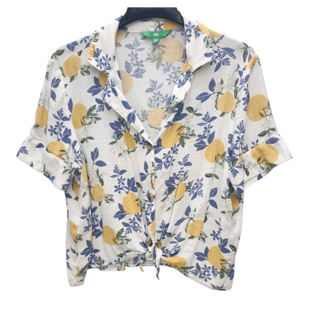 Dip Linen Blend Top Womens XL Lemon Floral Tie Front Mediterranean Coastal